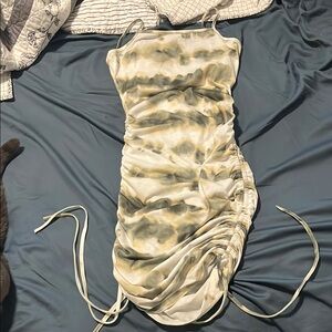 SHEIN Green and White Ruched Tie Front Bodycon Dress